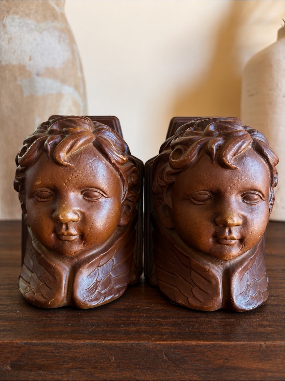 Vintage Heavy Plaster Cherub Angel Bookends – Bronze Finish Putti Pair